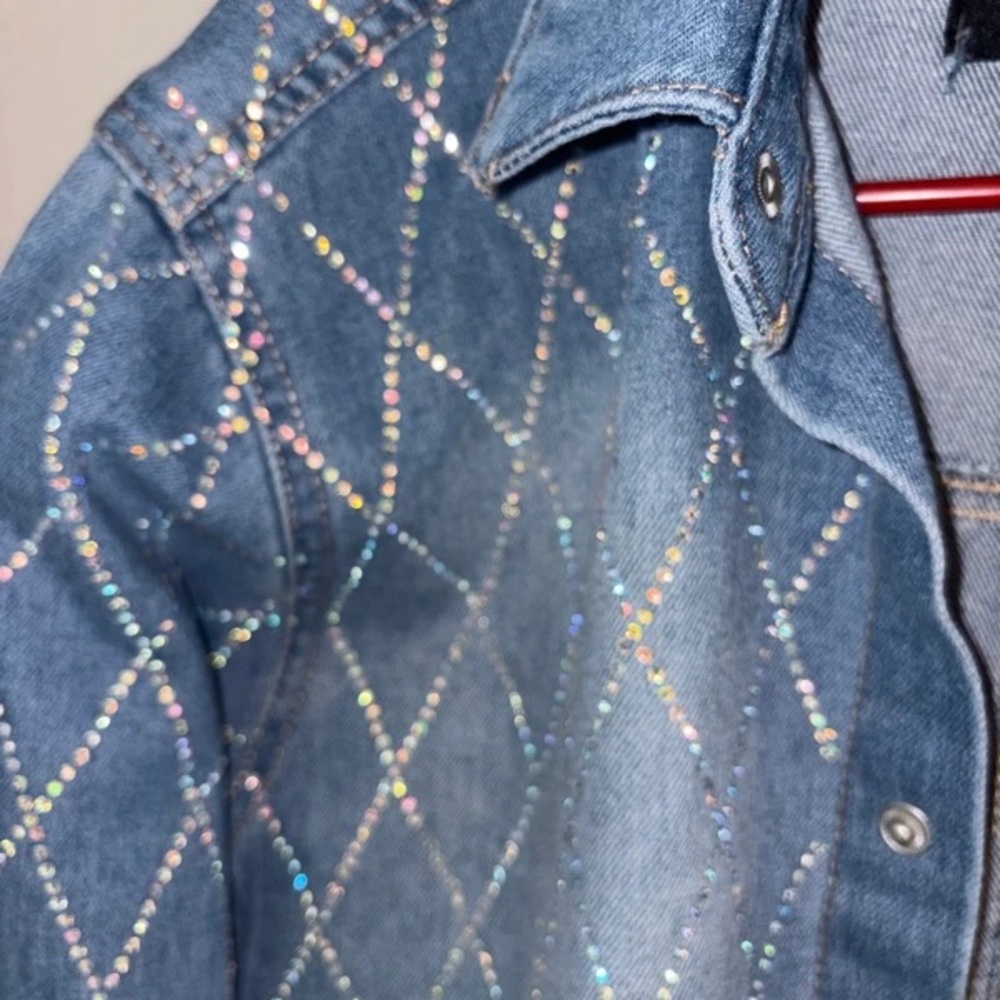 Dylan Kain Light Blue Rhinestone Argyle Cropped Jean Jacket - Picture 4 of 5